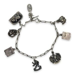 Vintage Charm Bracelet 925 Sterling Silver 7in Travel Souvenir Paper Clip